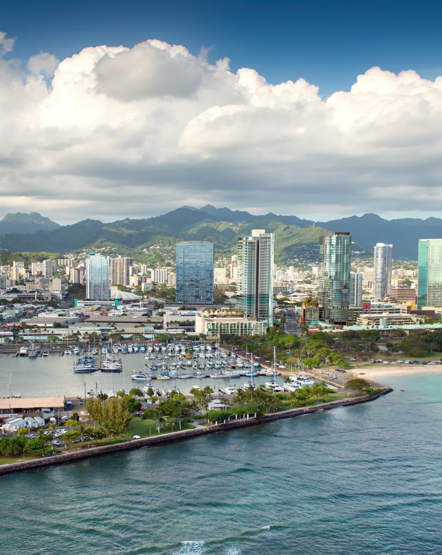 Aerial view of Ward Village on the waterfront